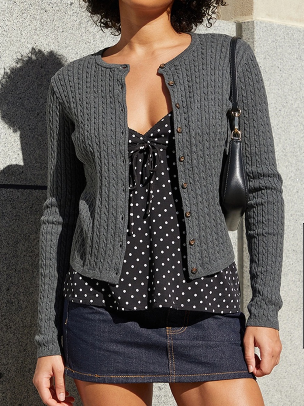 John Galt Cable-Knit Crewneck Cardigan - Charcoal Gray